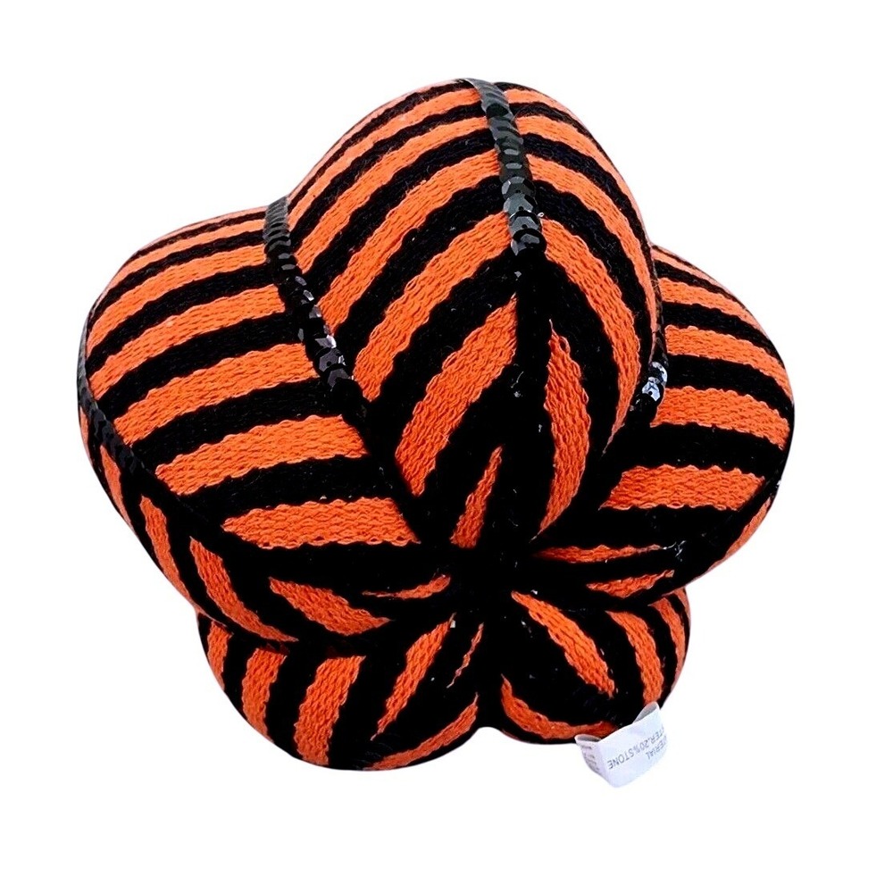 Orange Black Striped Fabric Pumpkin Halloween Decor Sequin Beaded Tassel Accent - Picture 7 of 7
